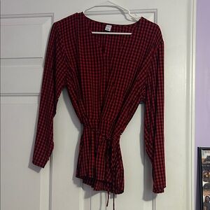 Old Navy Red and Black Plaid Wrap Blouse with Tie Waist